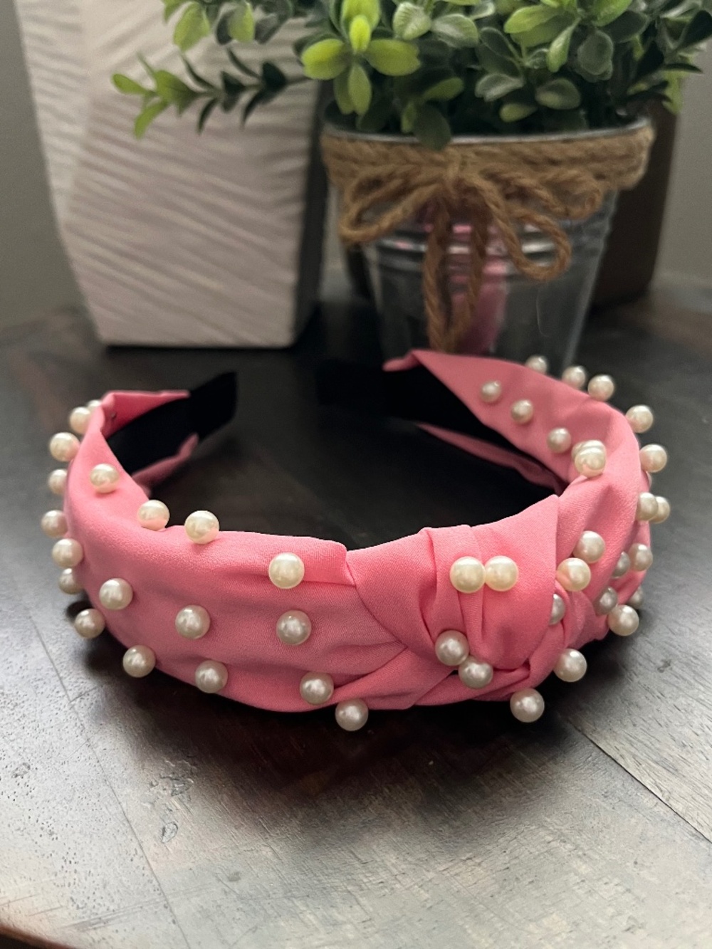 Headband Pink with White Faux Pearls NWOT